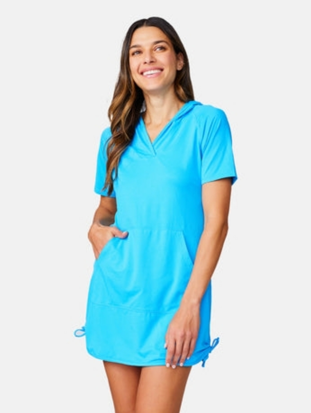 Free Country Aqua Blue Short-Sleeve Hooded Moisture Wicking Sporty Dress Pocket